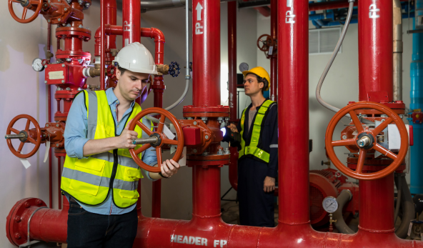 Técnicos inspecionando sala de bombas e sistema de hidrantes como parte da execução do Projeto de Combate a Incêndio.