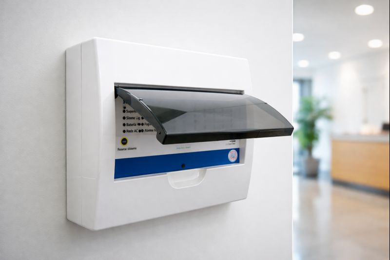 Central de alarme de incêndio instalada em parede interna, com painel branco e tampa fumê, utilizada em sistemas de detecção e alarme de incêndio.