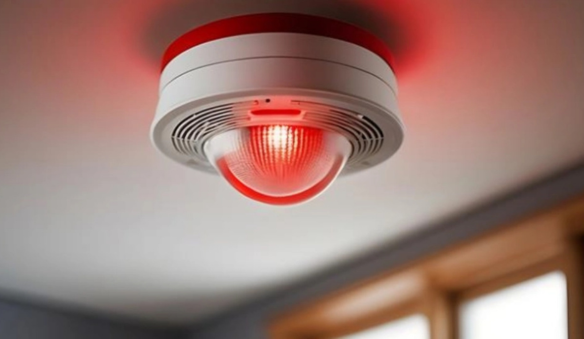 Dispositivo de alarme de incêndio com sinal luminoso ativo, representando o funcionamento correto após manutenção preventiva.