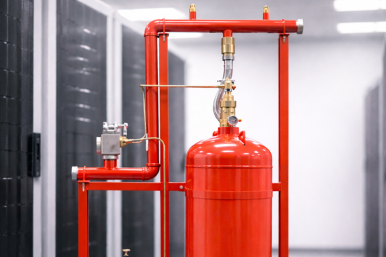 Sistema de supressão de incêndio com gás FM 200 instalado em ambiente de data center, com cilindro pressurizado e tubulação metálica para proteção de equipamentos críticos.