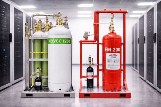 Sistemas de supressão de incêndio Novec 1230 e FM-200 instalados em ambiente de data center, com cilindros pressurizados e tubulações para proteção de equipamentos críticos.