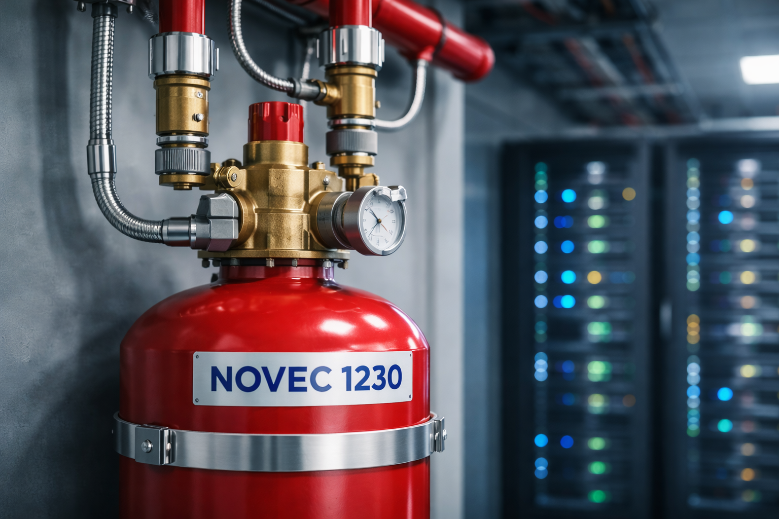 Cilindro do sistema NOVEC 1230 com válvula e manômetro instalado em sala de servidores para supressão de incêndio com agente limpo.