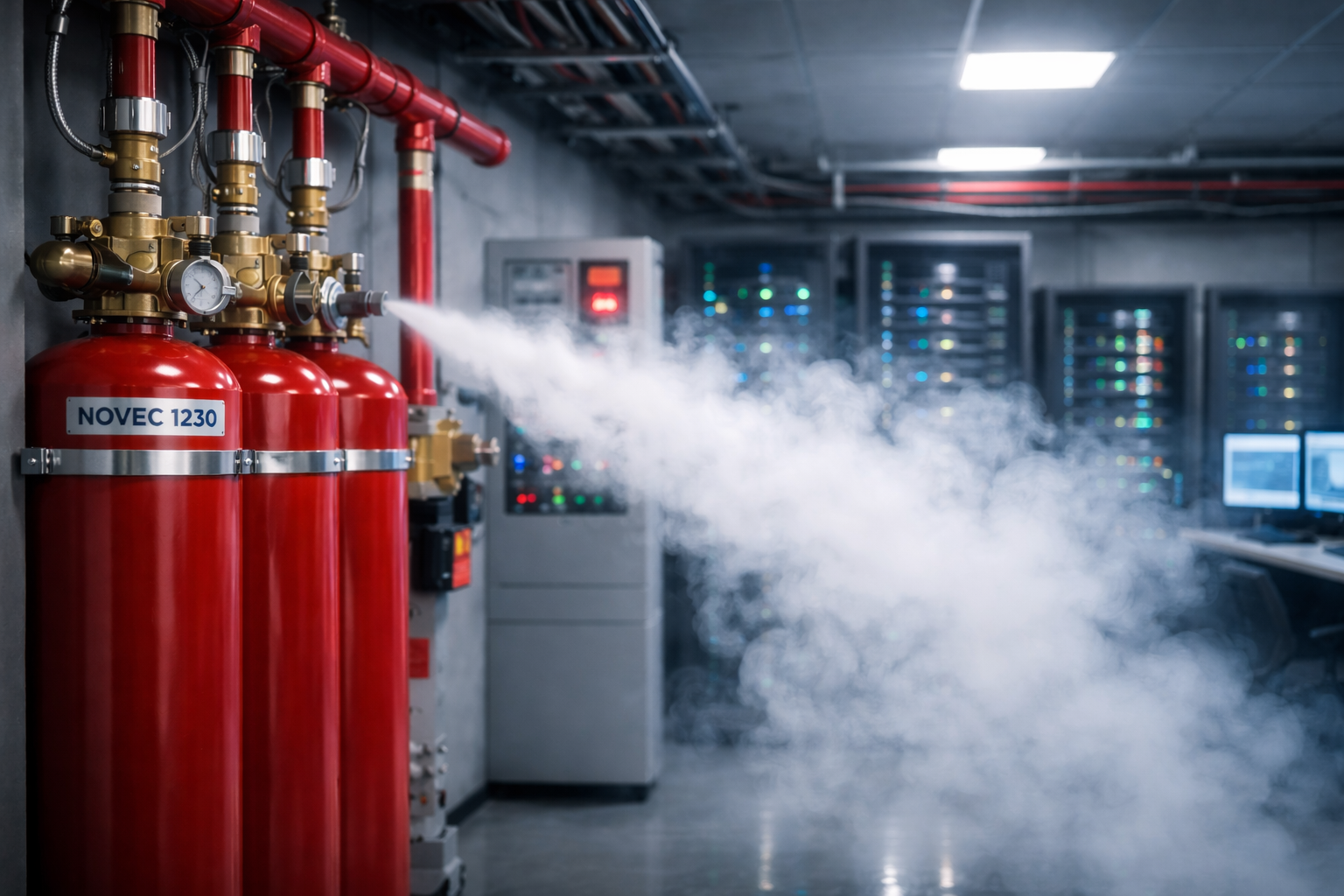Sistema NOVEC 1230 em funcionamento com descarga controlada do agente limpo em sala de servidores para supressão rápida de incêndio.