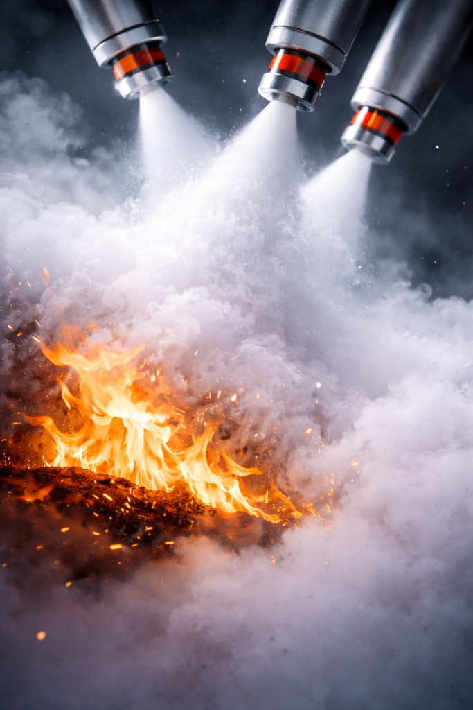 Sistema de supressão de incêndio com bicos metálicos liberando agente extintor sobre chamas intensas, formando uma densa névoa branca que reduz o fogo rapidamente.