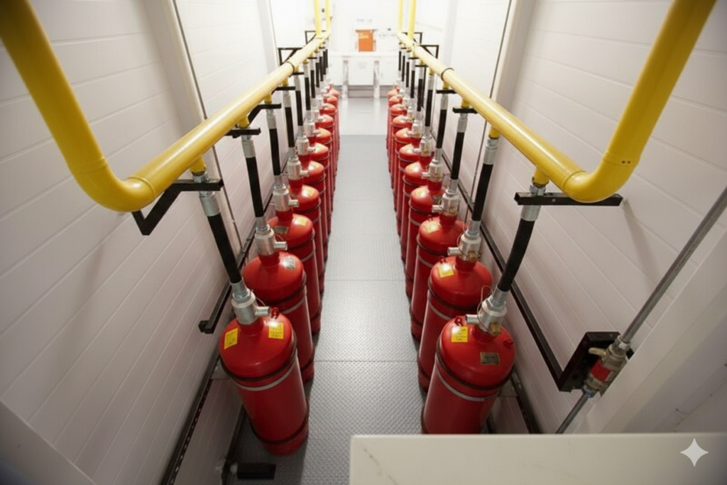 Sistema industrial de supressão de incêndio com duas fileiras de cilindros vermelhos conectados a tubulações amarelas em um corredor técnico branco.