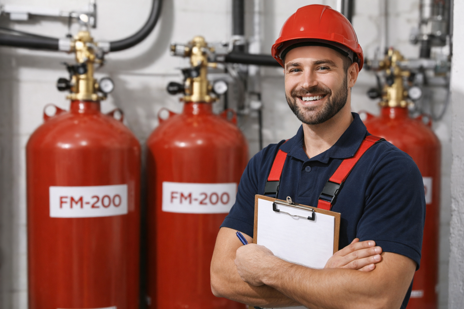 Técnico sorridente usando capacete e uniforme de segurança, em ambiente técnico, ao lado de cilindros do sistema de supressão de incêndio FM-200, representando confiança, eficiência e segurança.