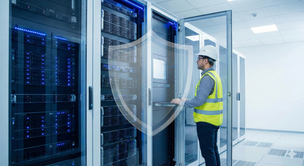 Um ícone grande de escudo transparente está sobreposto no centro da imagem, simbolizando proteção e segurança.