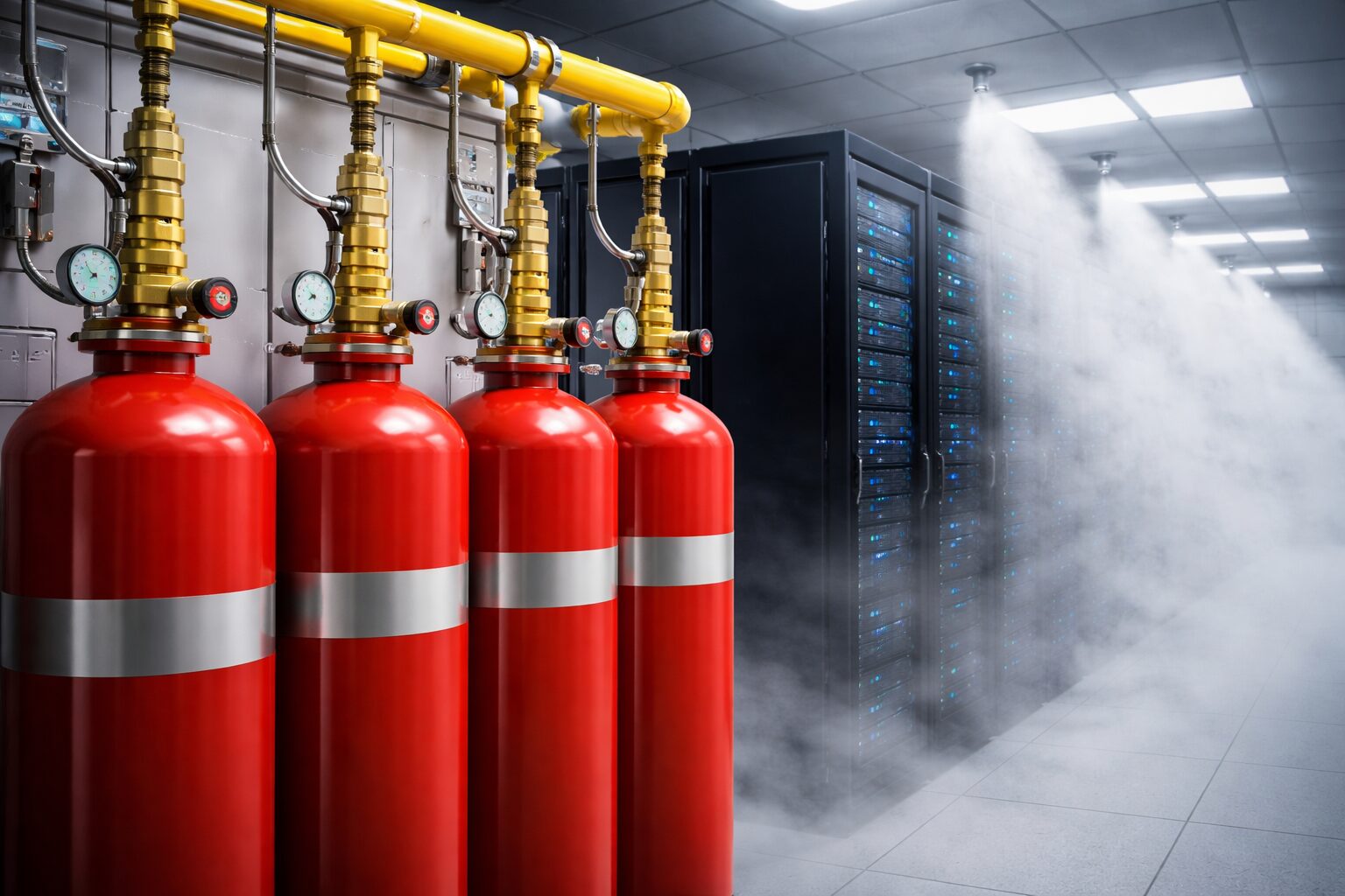 Sistema de supressão de incêndio NOVEC 1230 instalado em sala de servidores com cilindros vermelhos conectados a tubulações e descarga de agente limpo protegendo equipamentos de data center.