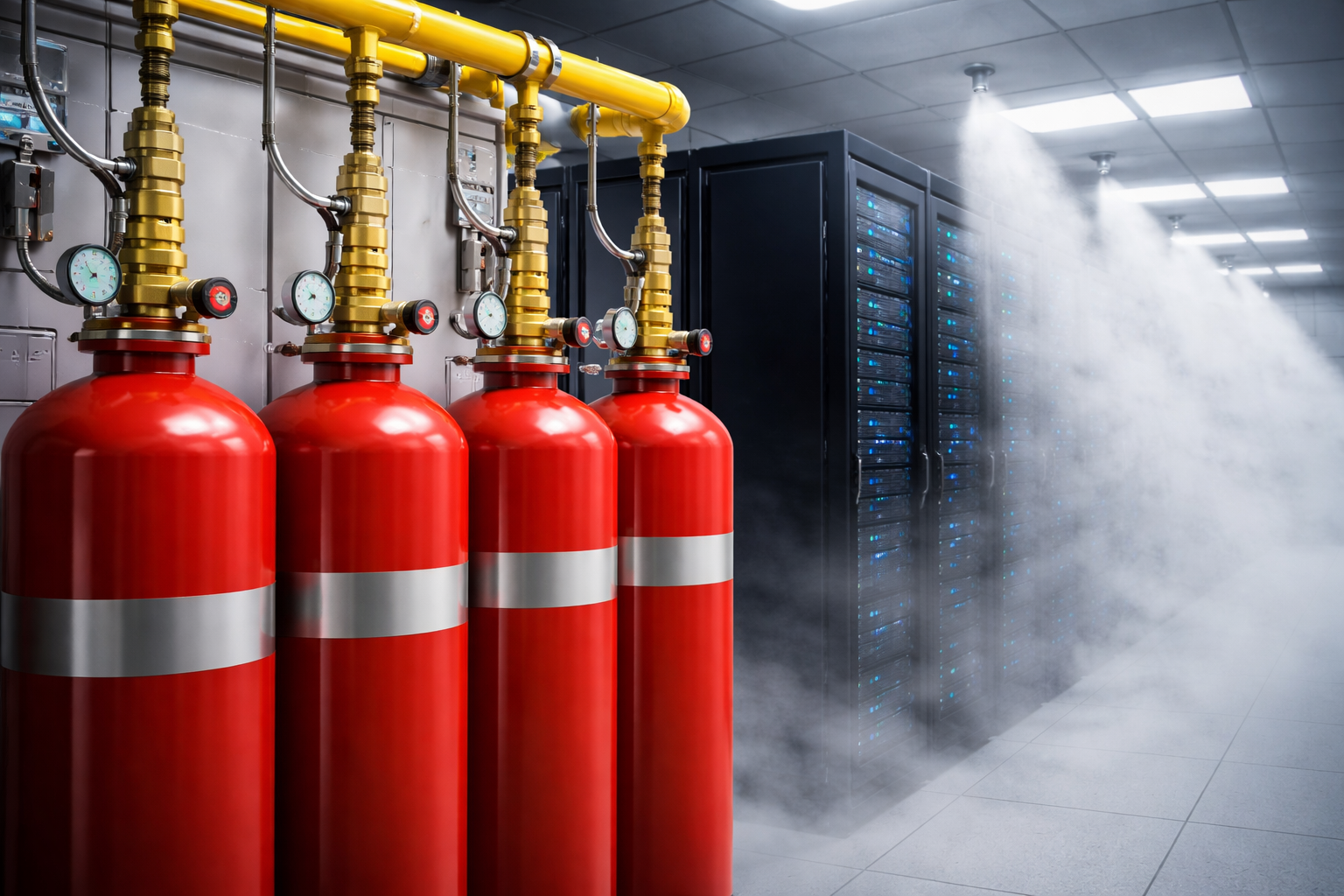 Sistema de supressão de incêndio NOVEC 1230 instalado em sala de servidores com cilindros vermelhos conectados a tubulações e descarga de agente limpo protegendo equipamentos de data center.