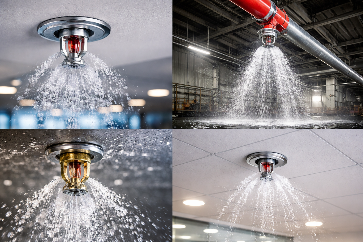 Sprinklers em ação em diferentes ambientes.