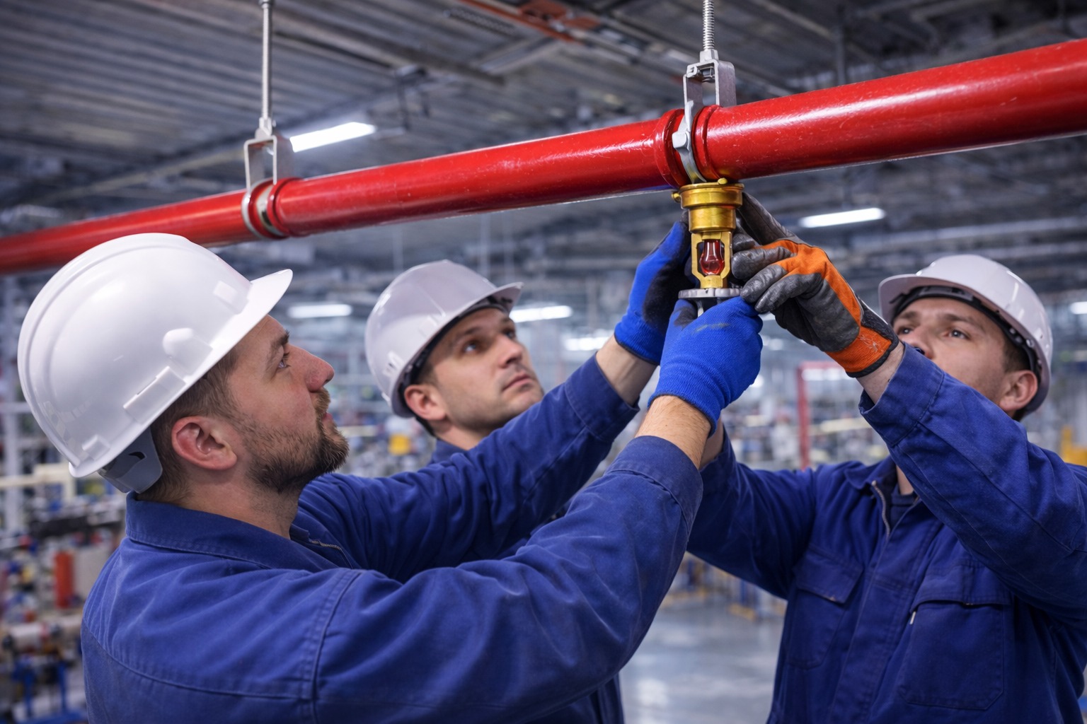 Equipe realizando instalação de sistema de sprinkler