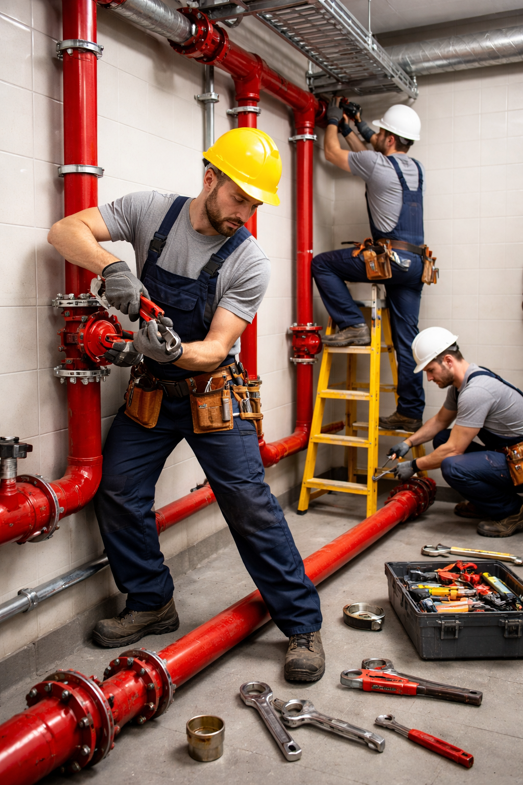 Equipe realizando instalação de sistema de hidrante
