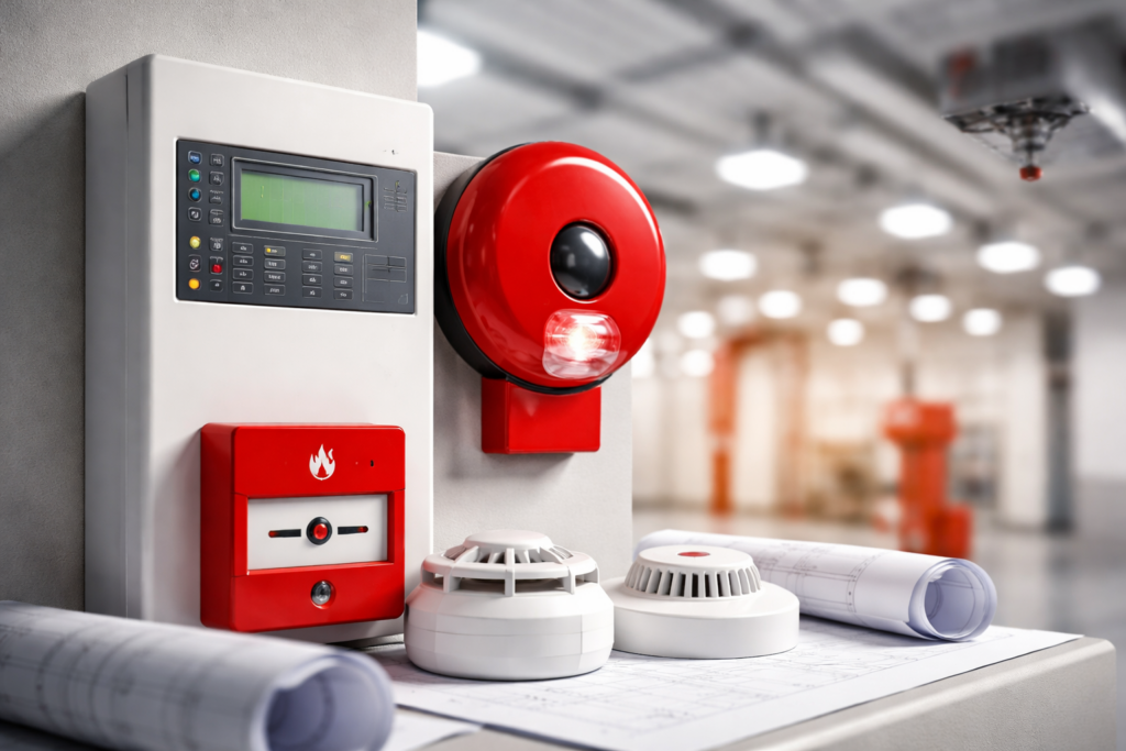 Sistema de detecção e alarme de incêndio com central de controle, sirene, acionador manual e detectores de fumaça instalados em ambiente industrial.