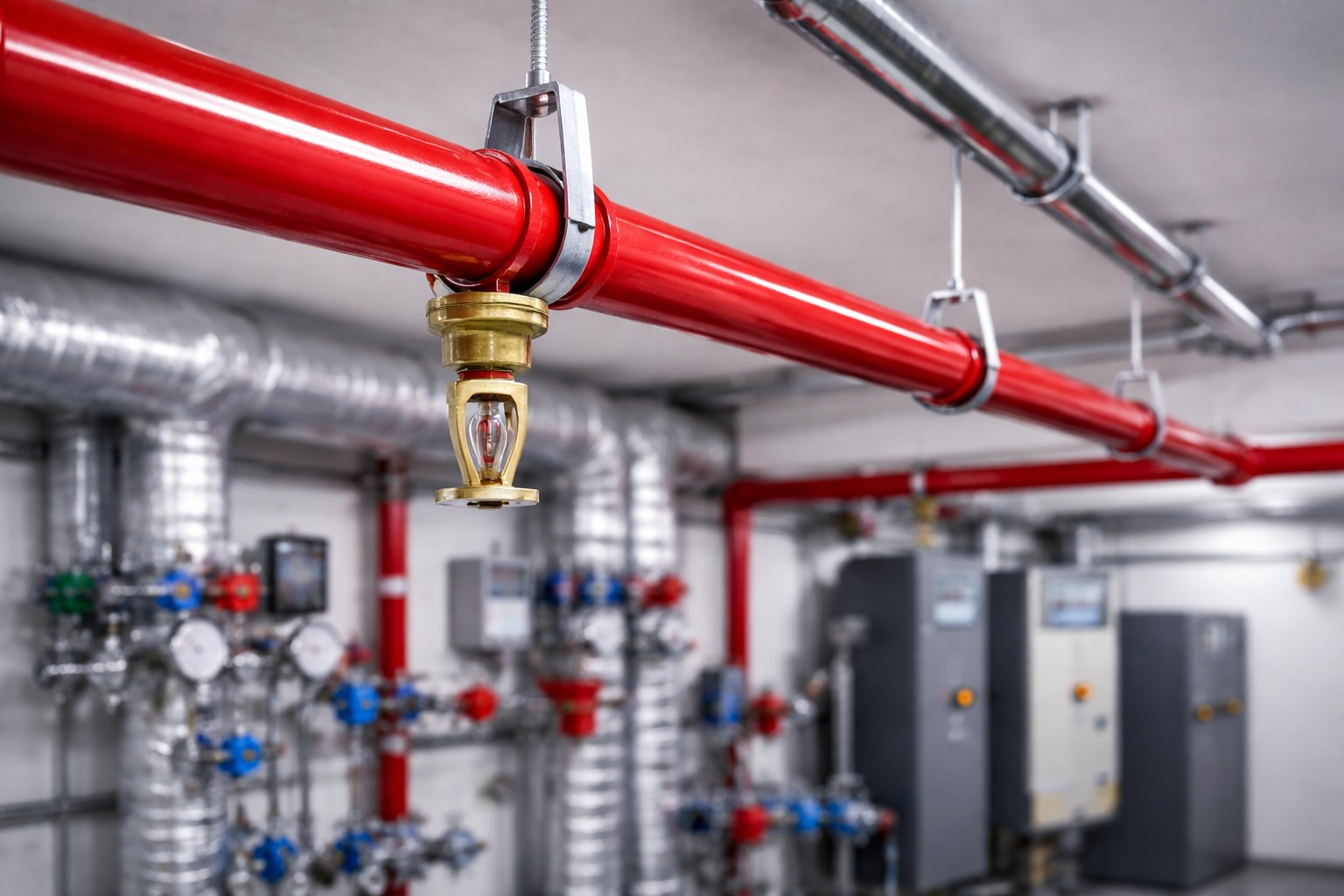 Tubulação de rede de sprinkler em instalação técnica