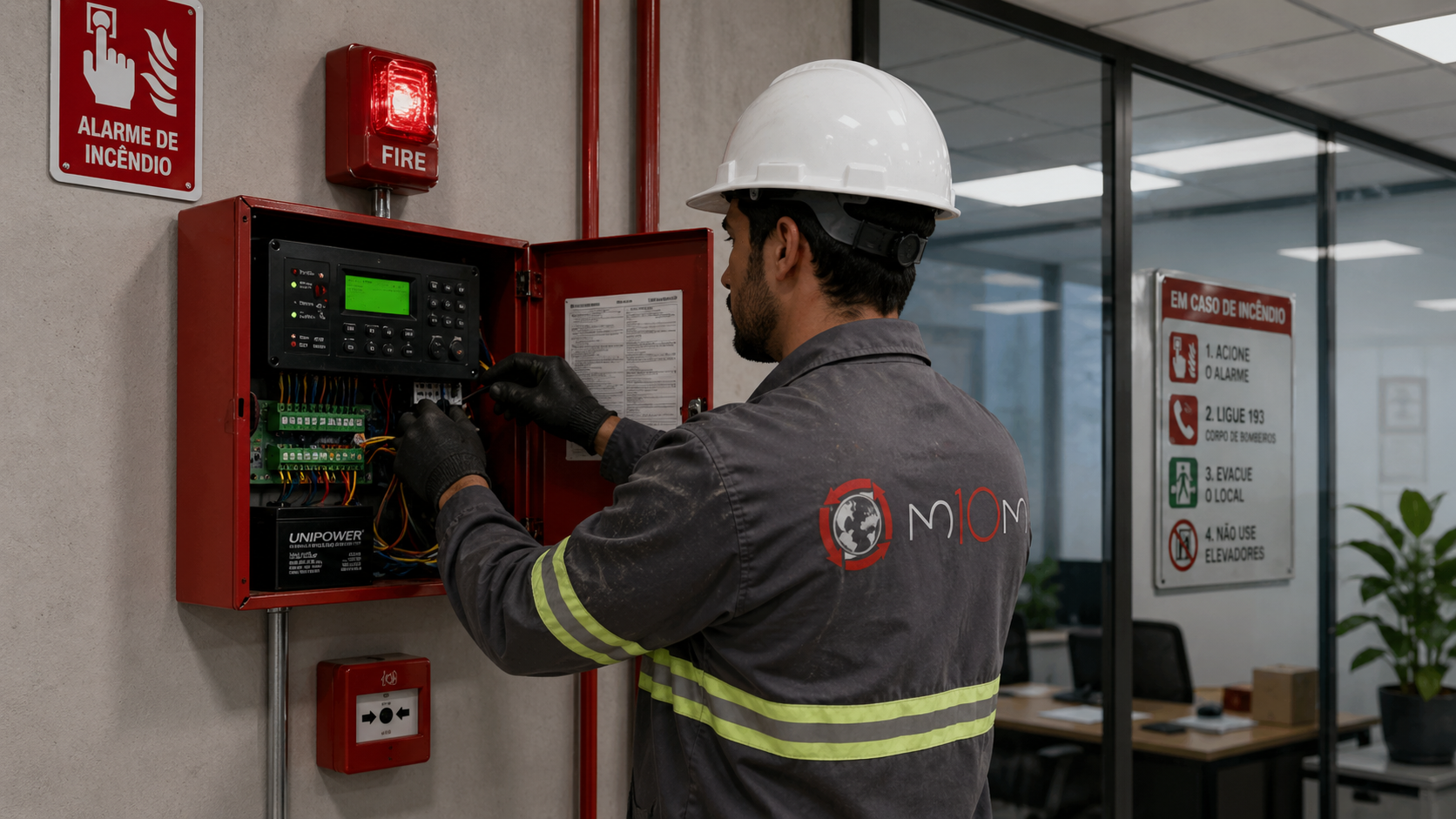 Técnico realizando manutenção de alarme de incêndio em painel de controle — M10M