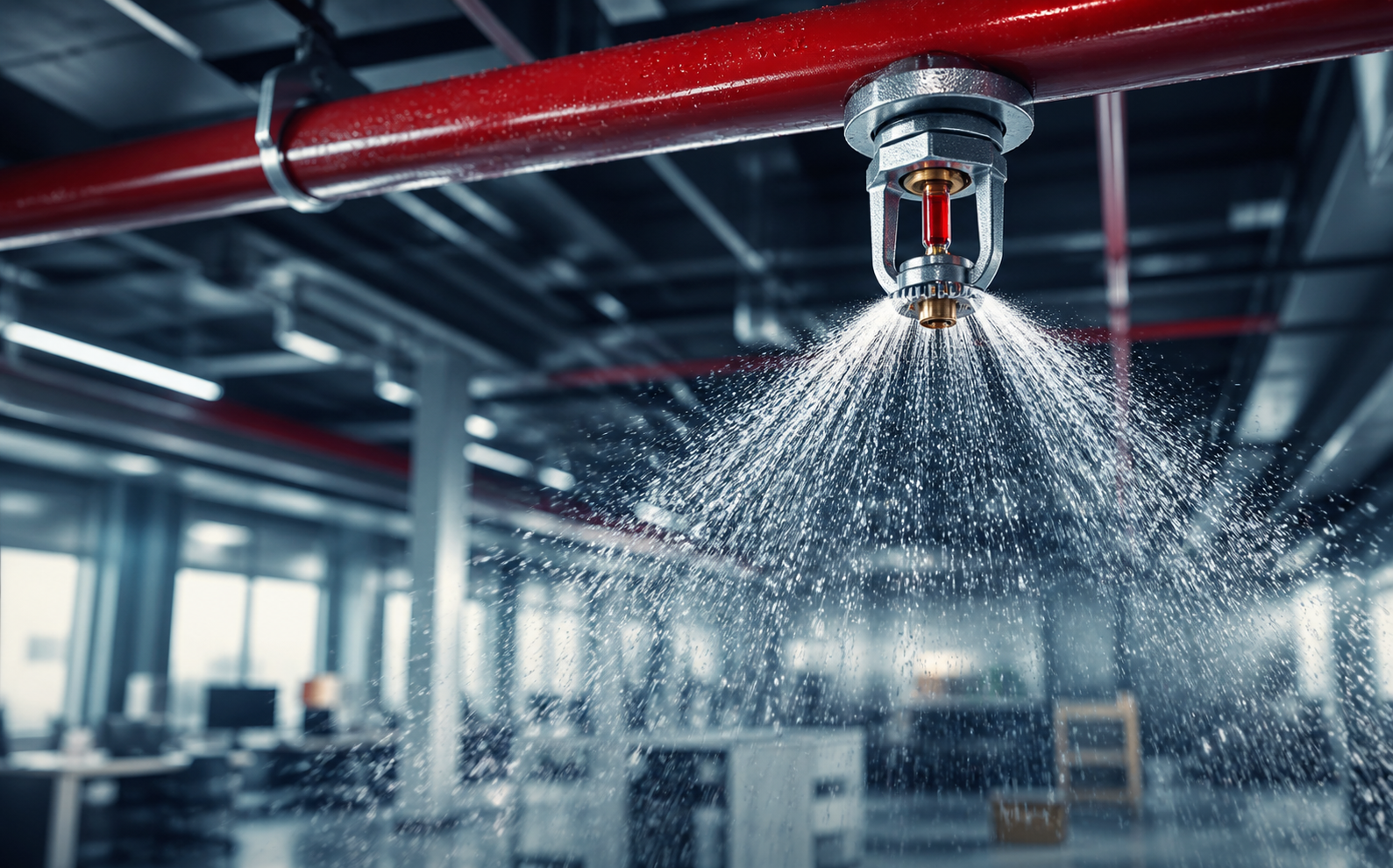 Sistema de sprinkler instalado em ambiente corporativo ou industrial
