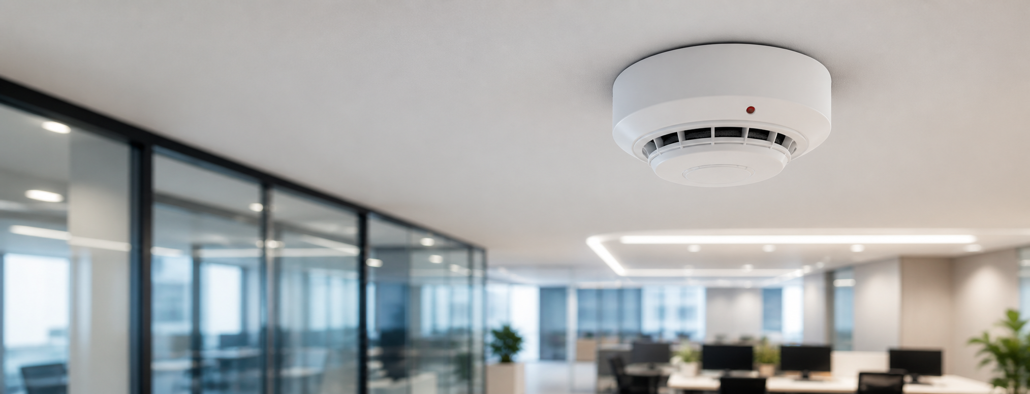 Detector de fumaça instalado em ambiente corporativo