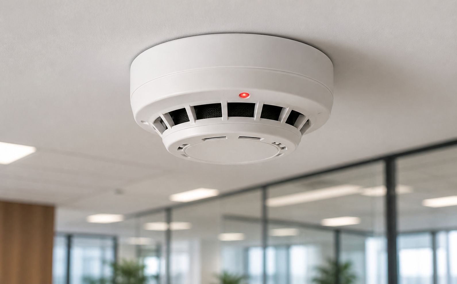 Detector de fumaça endereçável IP20 M10M instalado em teto de ambiente corporativo