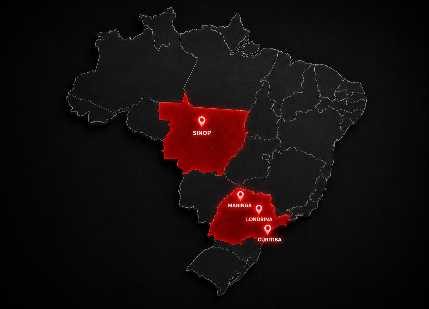 Mapa de atendimento da M10M em Curitiba, Paraná e Mato Grosso