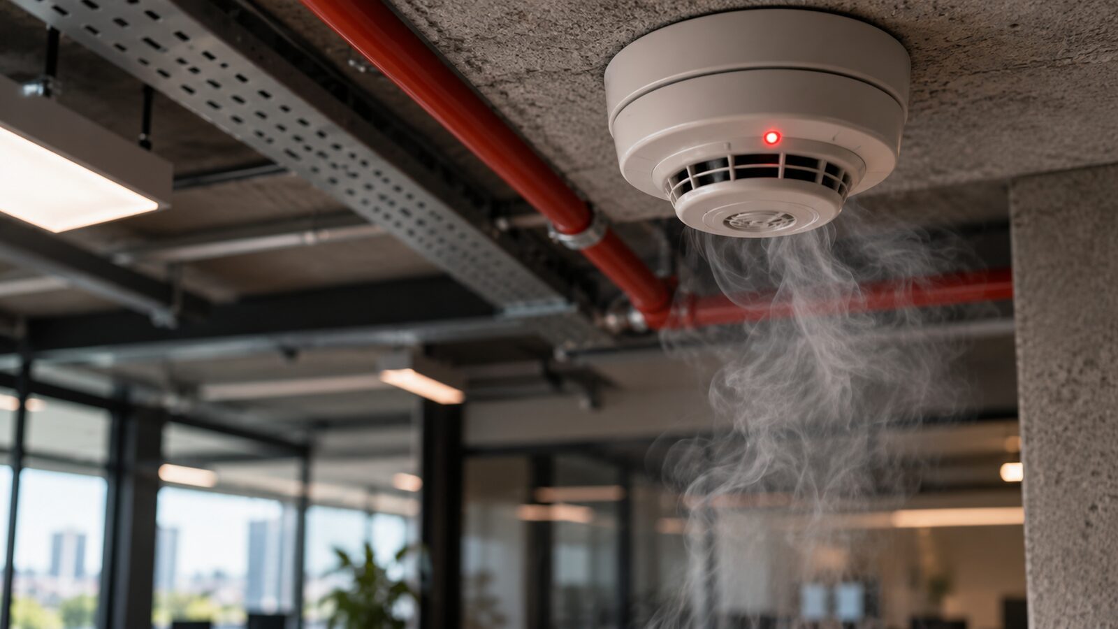 Detector de fumaça no teto de escritório corporativo identificando fumaça, com tubulação da rede de incêndio ao fundo