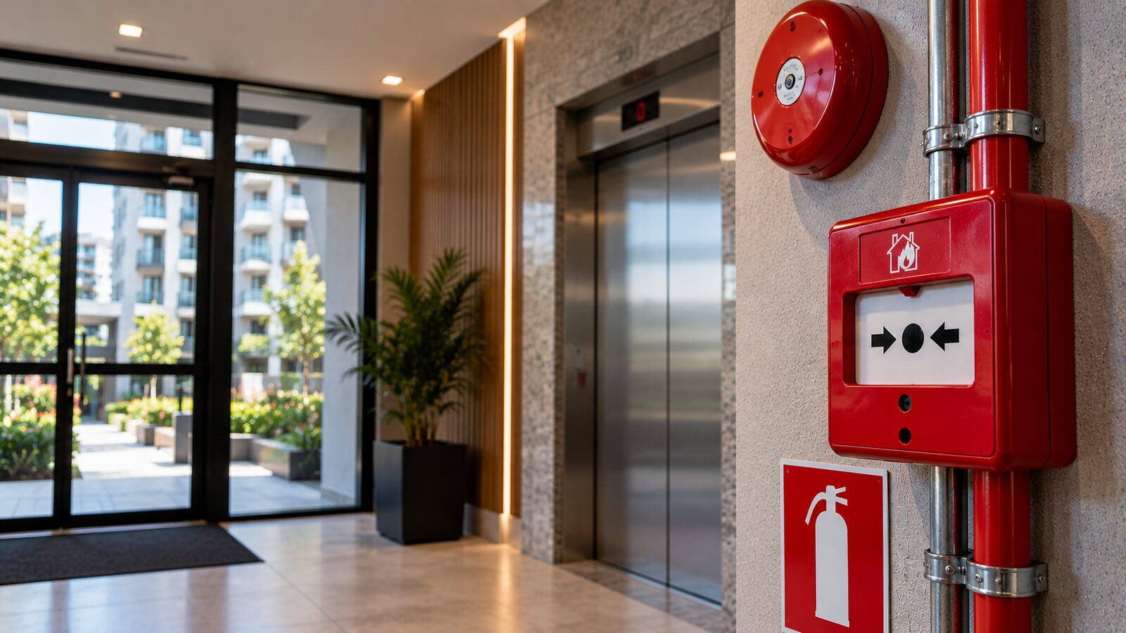 Acionador manual e sirene de alarme de incêndio instalados no hall de entrada de um condomínio, ao lado do elevador